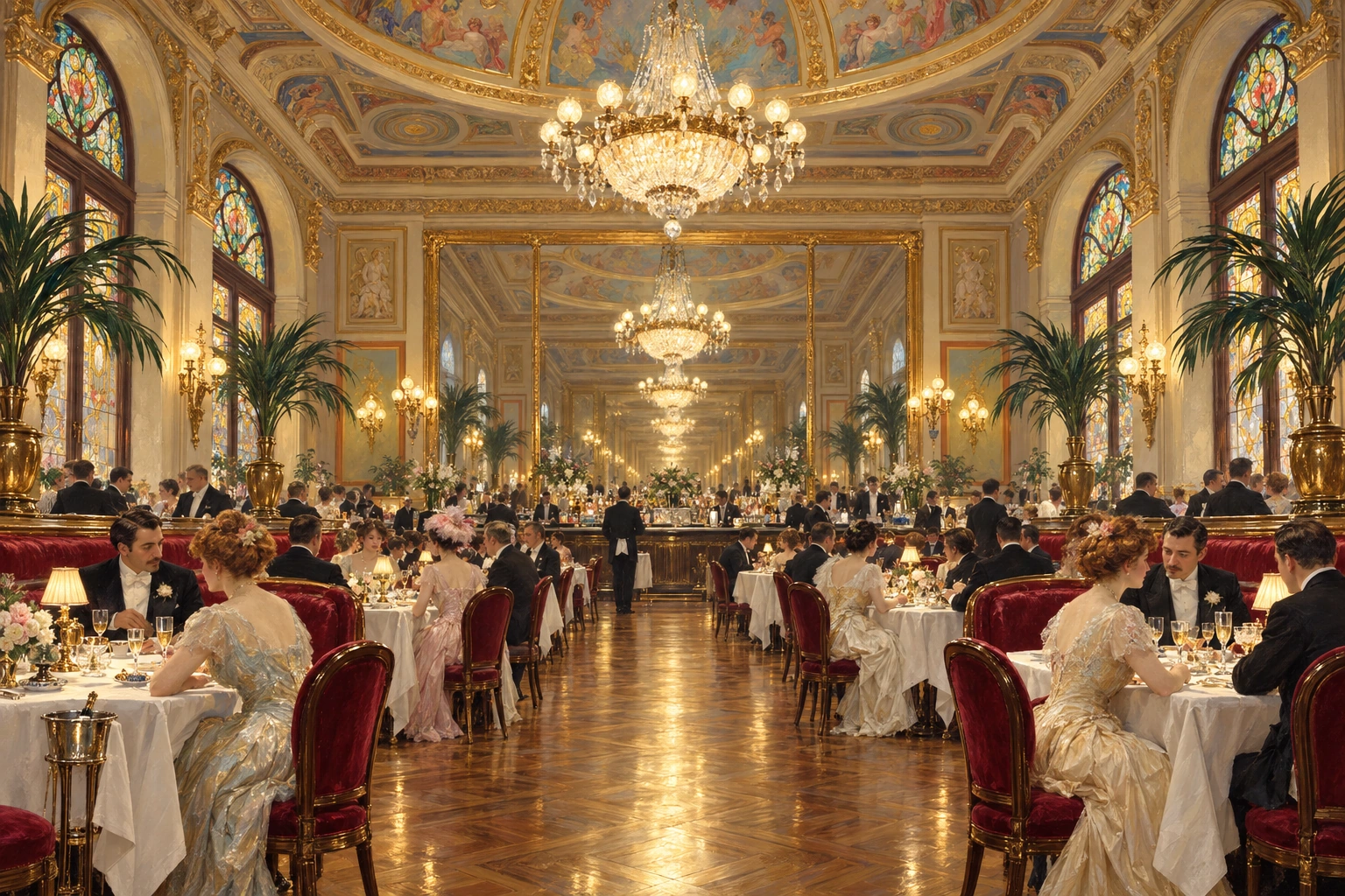 A gilded Belle Époque dining room with crystal chandeliers, stained glass, palms, and guests around white linen tables.